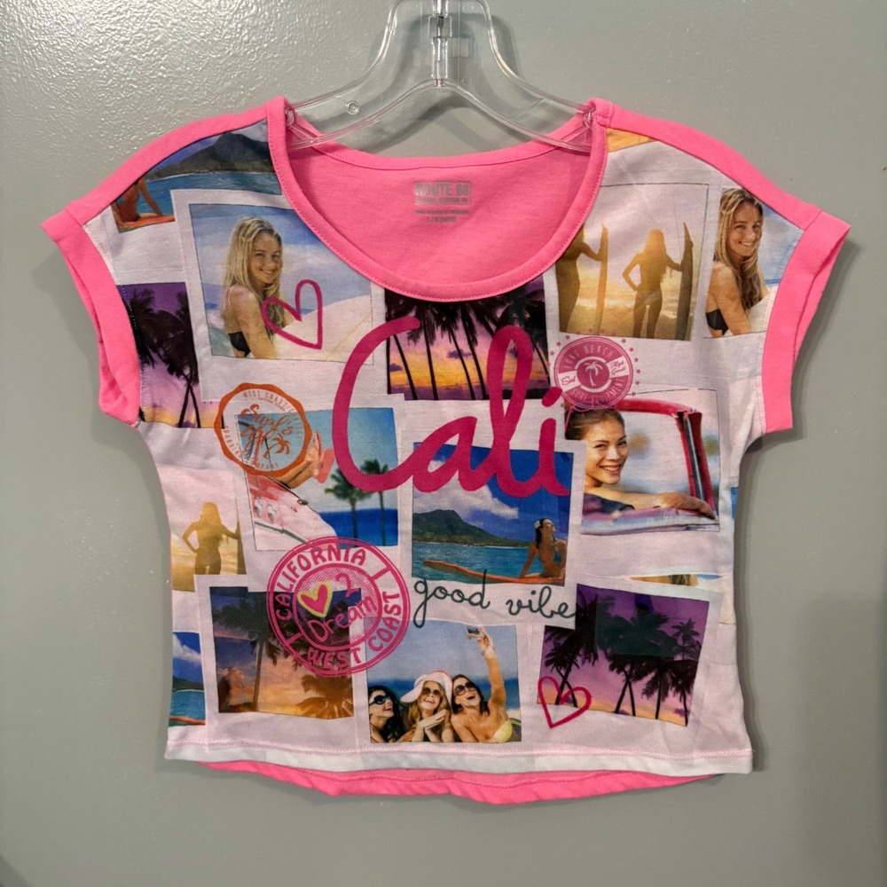 Route 66 Cali Good Vibes Graphic T Shirt Pink Beach (Girls Large 10/12)